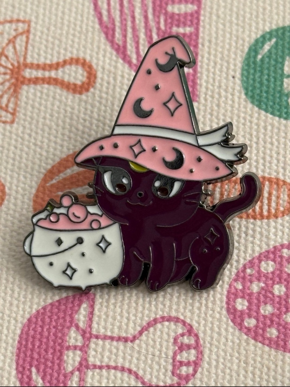 Pink Witch Hat Black Cat Enamel Pin